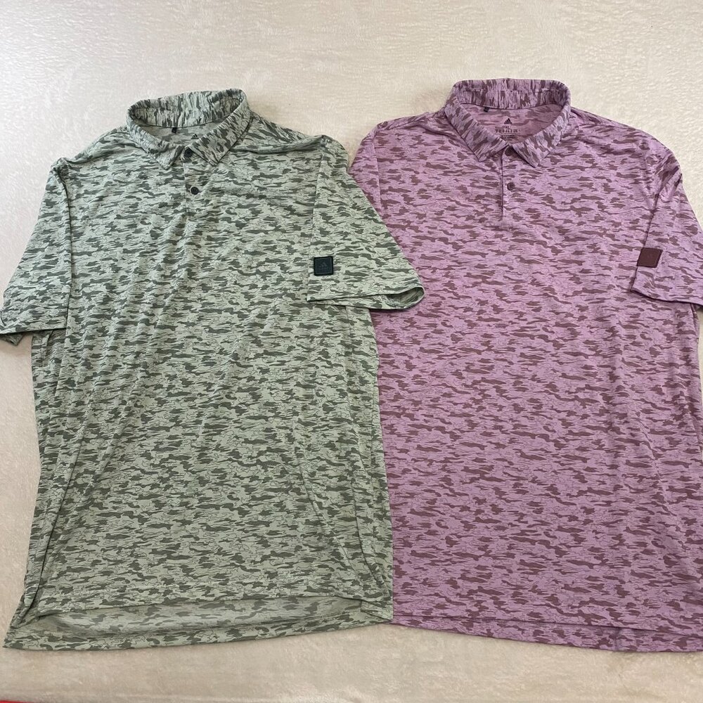 ADIDAS GO-TO Golf Shirt Mens Short Sleeve Polo Camo Print Stretch Lot of 2 XL
